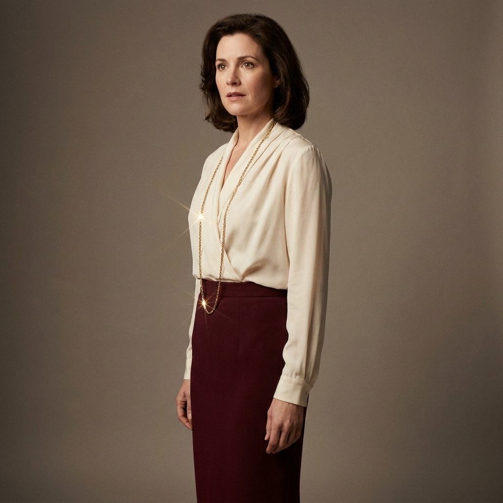 Maroon Pencil Skirt, Cream Draped Blouse, and a Long Gold Necklace