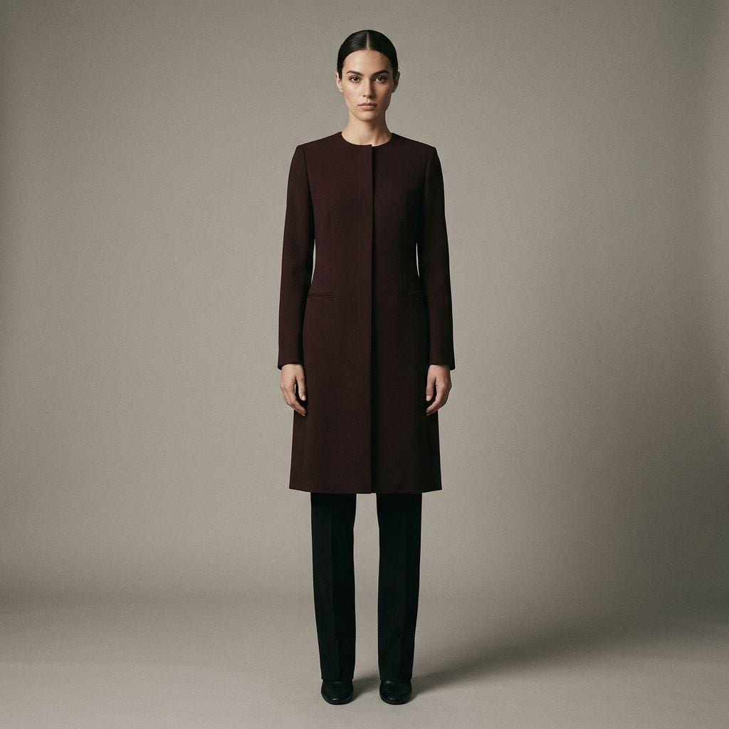 Maroon Tunic Jacket Over Black Slim-Straight Trousers