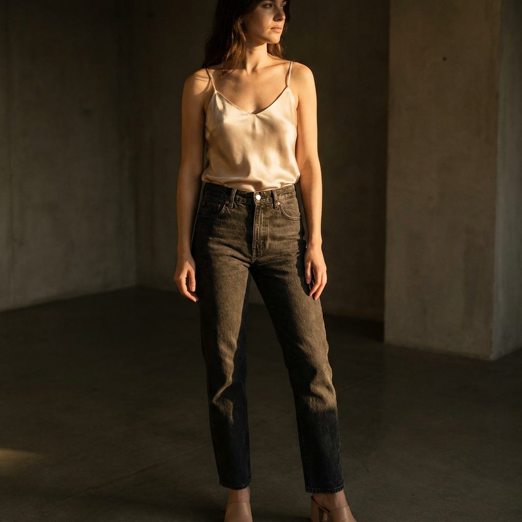Matched With a Silky Champagne Camisole and Beige Block Heels