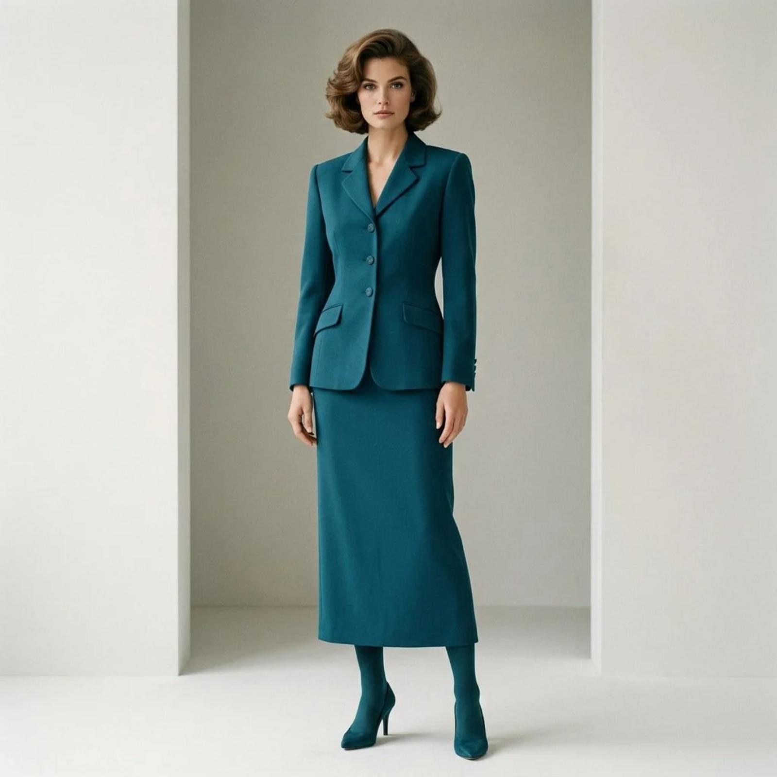 1980s matching skirt suit with a continuous monochrome silhouette