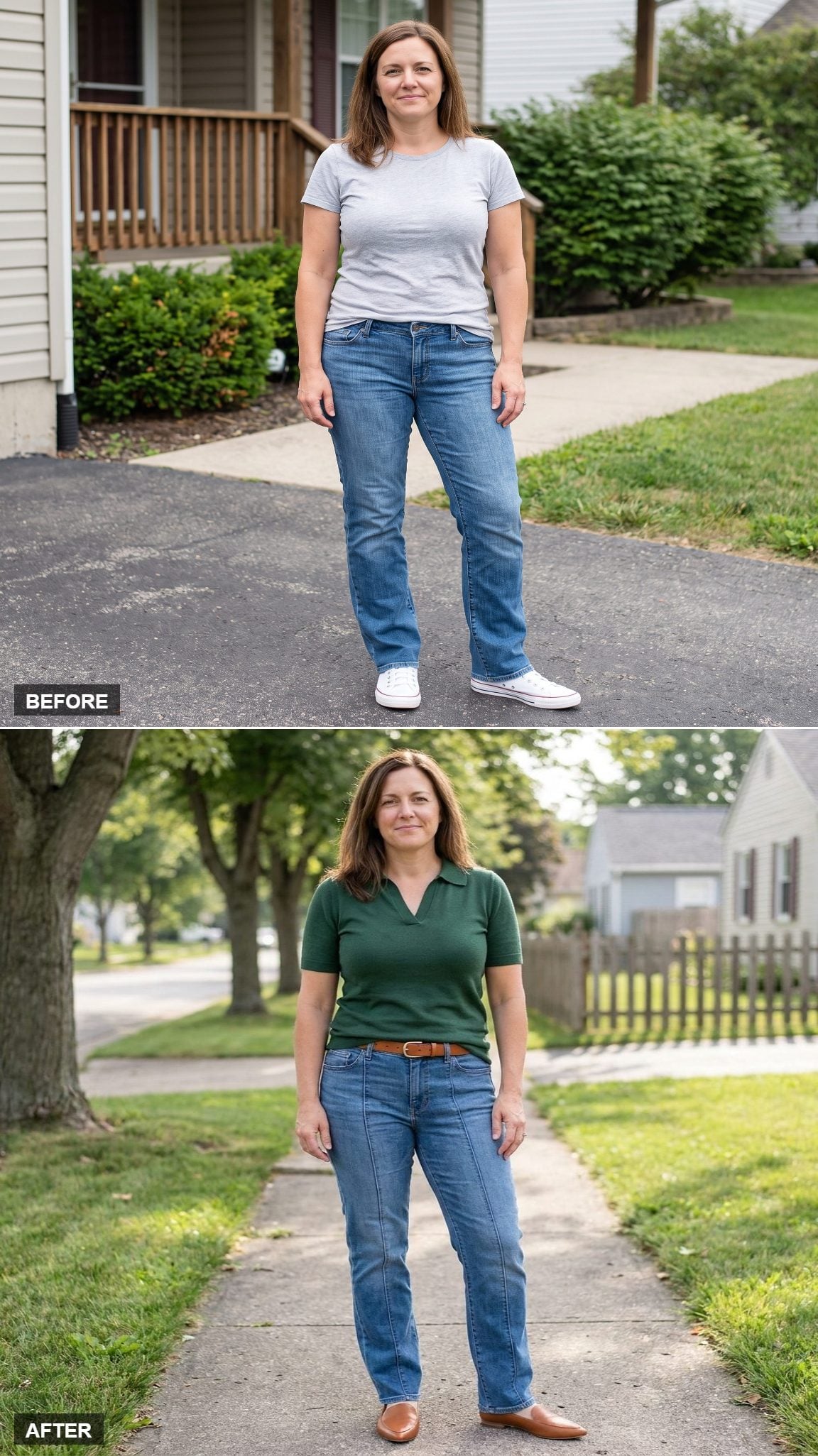 Medium-Blue Center-Seam Straight Jeans and Cognac Loafers on a Tree-Lined Walkway