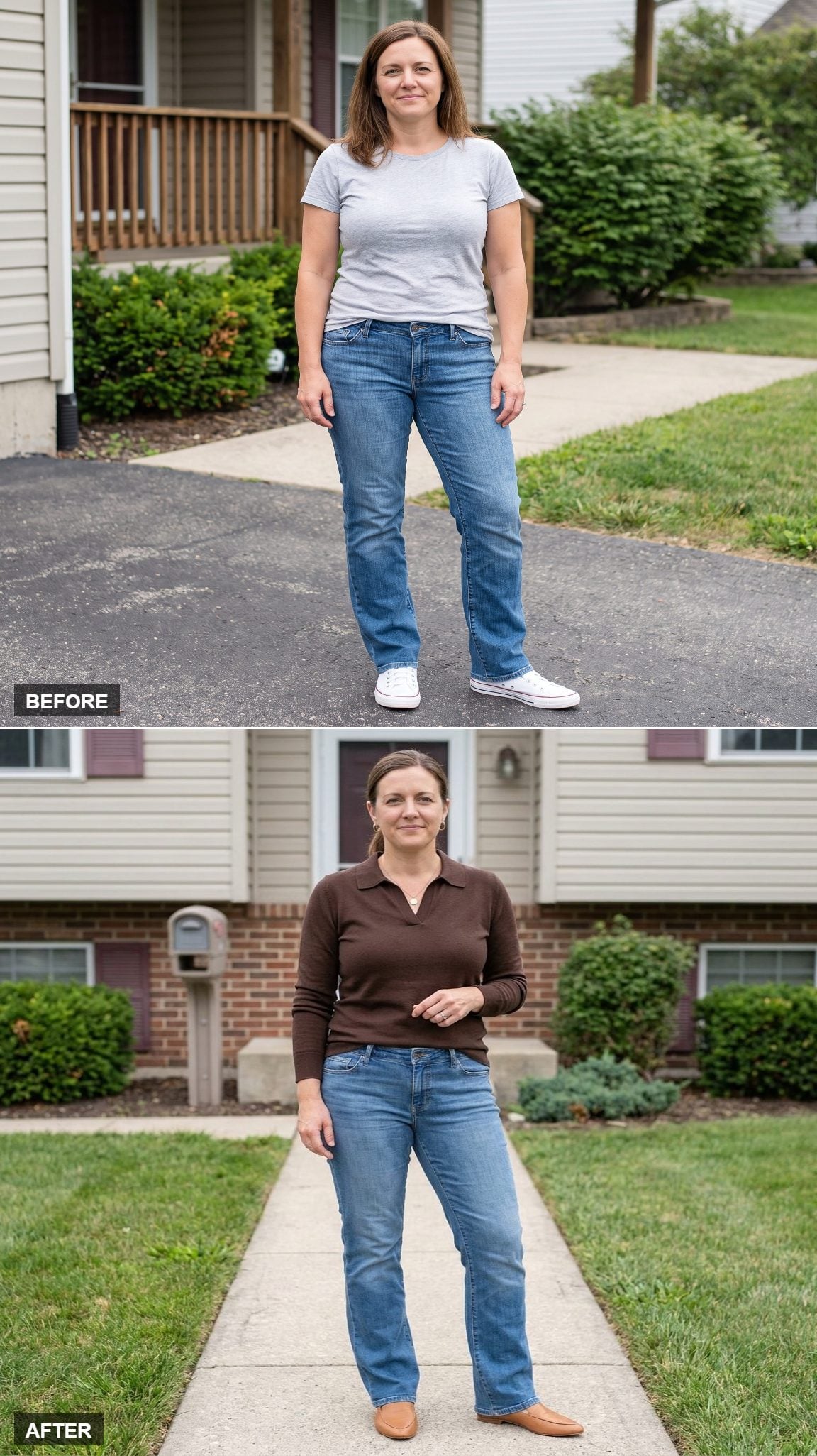 Medium-Blue Natural-Waist Bootcut Jeans, Chocolate Polo Knit, and Tan Loafers Outside a Traditional Home