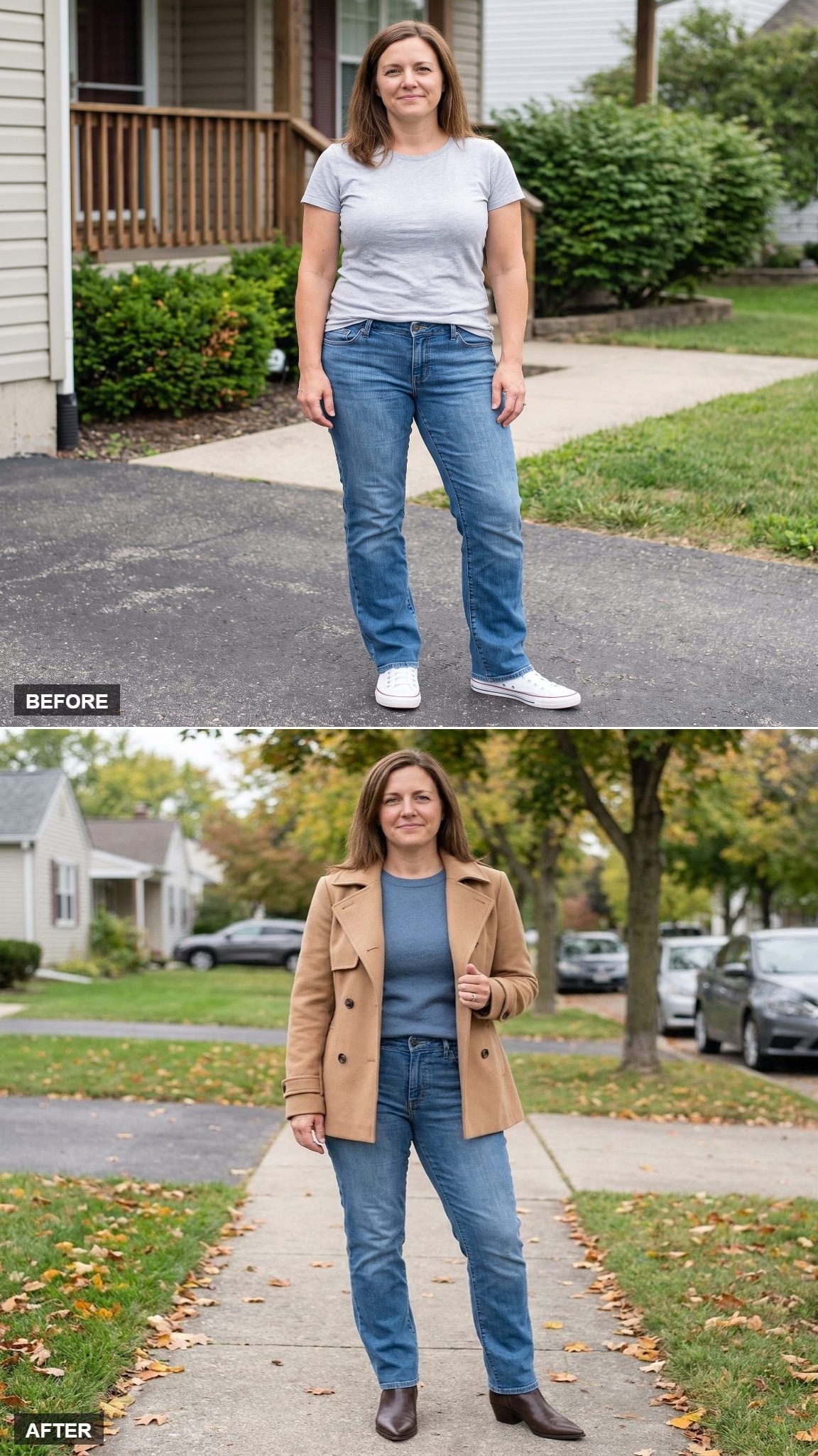 Medium-Blue Tapered Straights, a Dusty-Blue Knit, Camel Trench, and Brown Ankle Boots on an Autumn Sidewalk