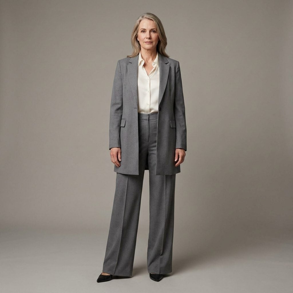 Medium-Gray Trouser Suit With Ivory Blouse