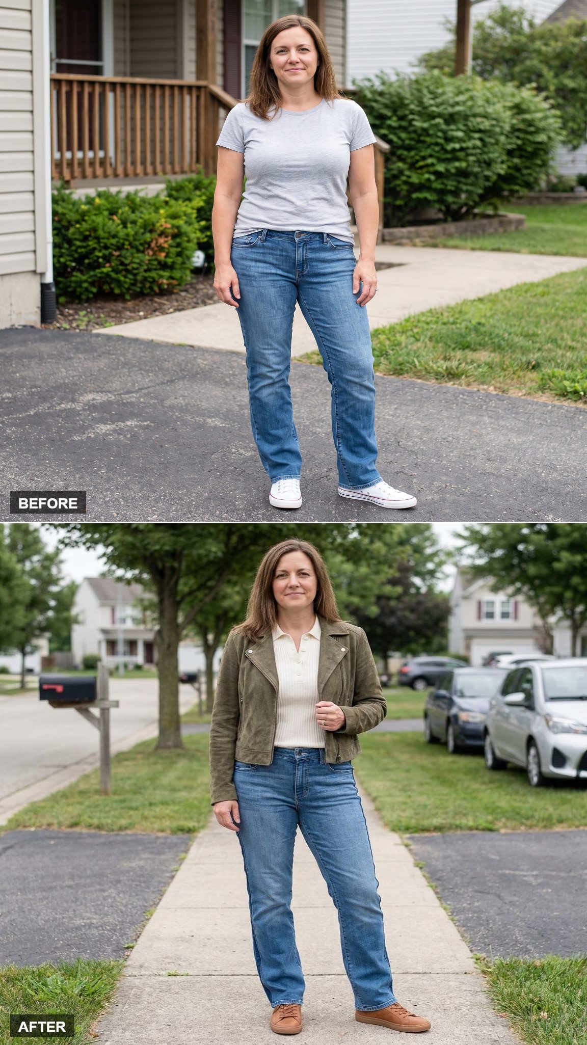 Mid-High-Rise Relaxed Straights, Ivory Ribbed Polo, Cropped Olive Suede Jacket, and Warm-Brown Sneakers on a Residential