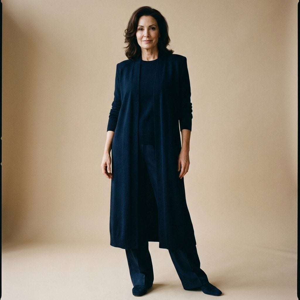 Midnight-Navy Long Cardigan Over Tonal Trousers