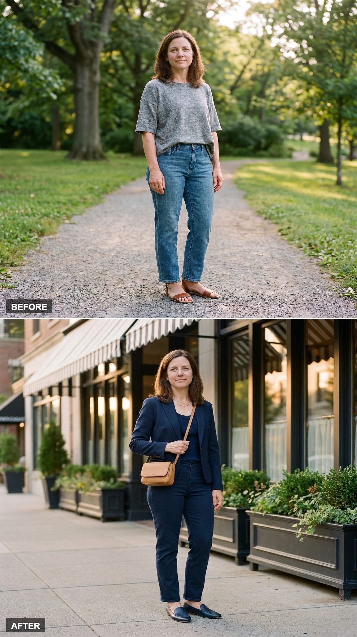 Monochromatic Deep-Navy Blazer, Slim-Straight Jeans, and Matching Loafers with a Camel Crossbody