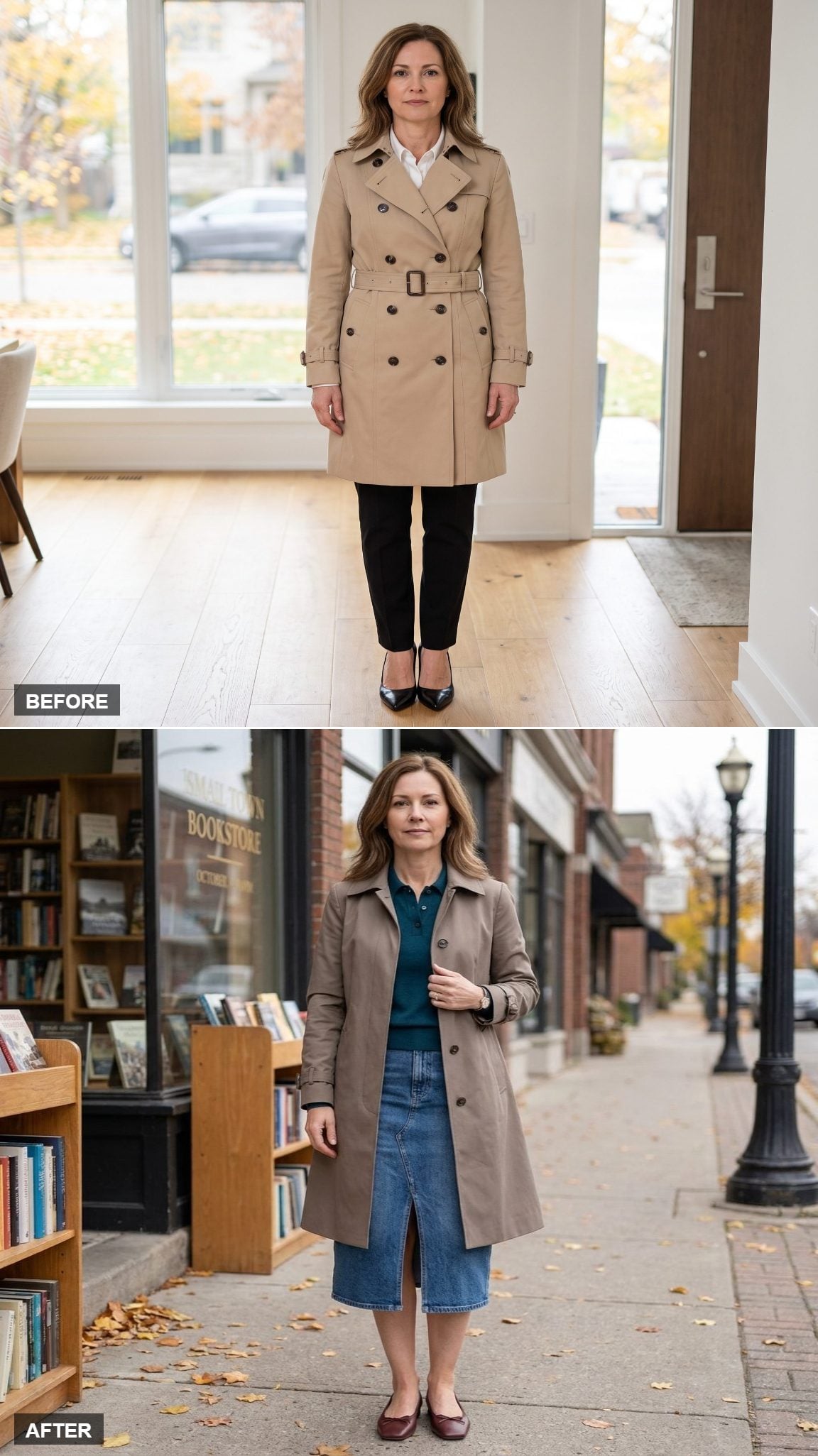 Mushroom A-Line Trench Over Teal Polo Knit With Denim Midi and Oxblood Ballet Flats