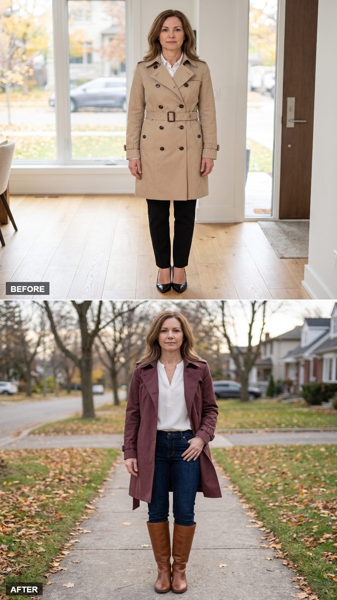Muted Burgundy Mid-Thigh Trench, Ivory Blouse, Dark-Rinse Jeans Tucked into Cognac Riding Boots