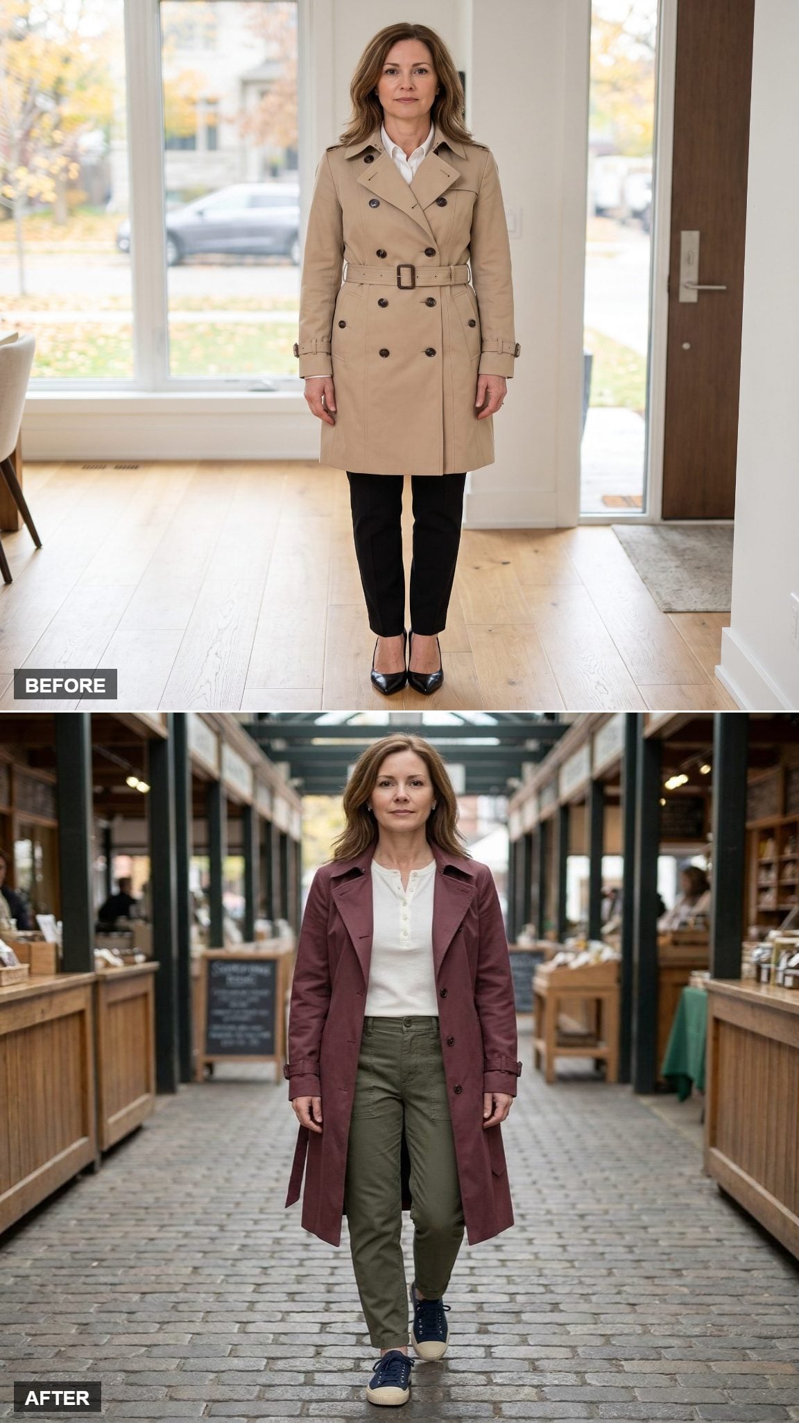 Muted Burgundy Midi Trench With Henley, Olive Utility Trousers, and Canvas Sneakers
