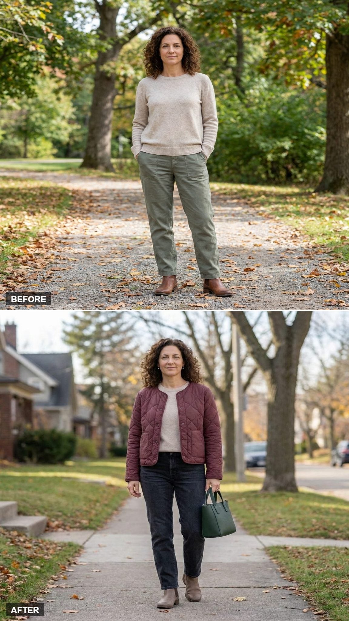Muted Burgundy Quilted Jacket Over Dark Jeans and Taupe Chelsea Boots