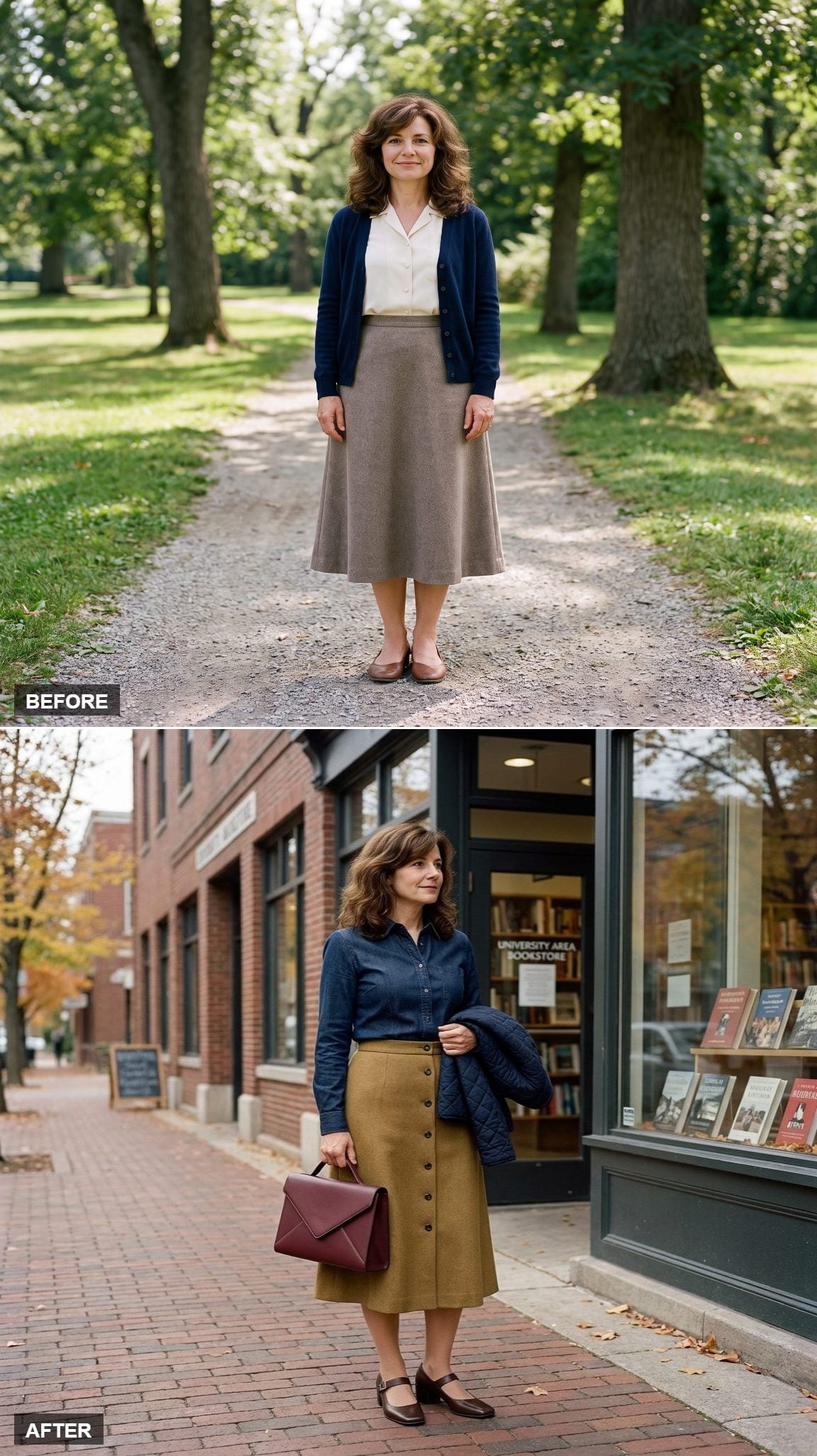 Muted Mustard Button-Front Wool Midi, Dark-Indigo Denim Shirt, and Burgundy Envelope Bag Outside the Bookstore