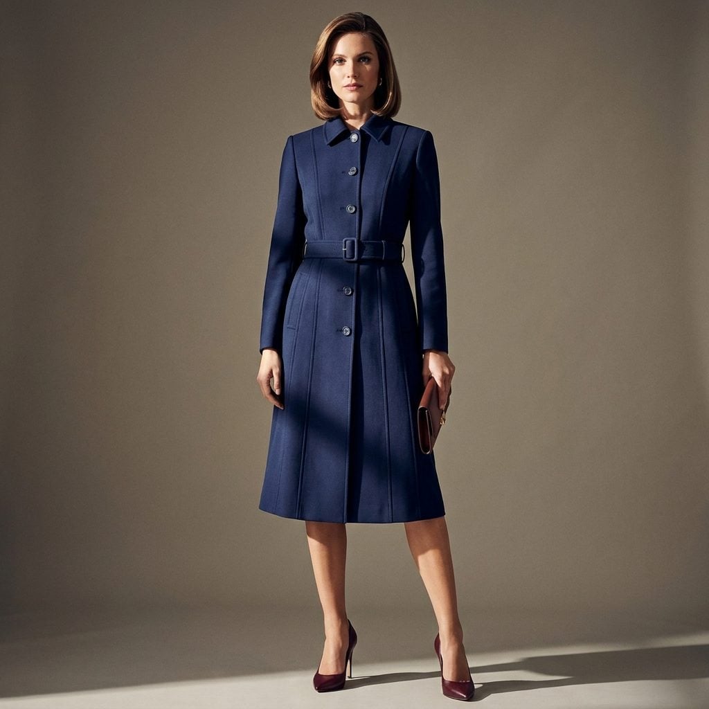 Navy Belted Coatdress with Burgundy Pumps
