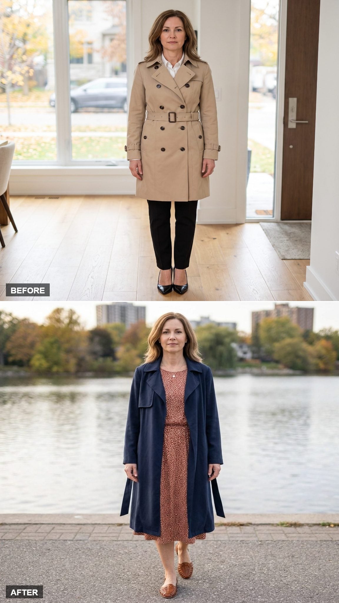 Navy Fluid Midi Trench Over a Rust Jersey Dress and Woven Tobacco Sandals on a Waterfront Walk