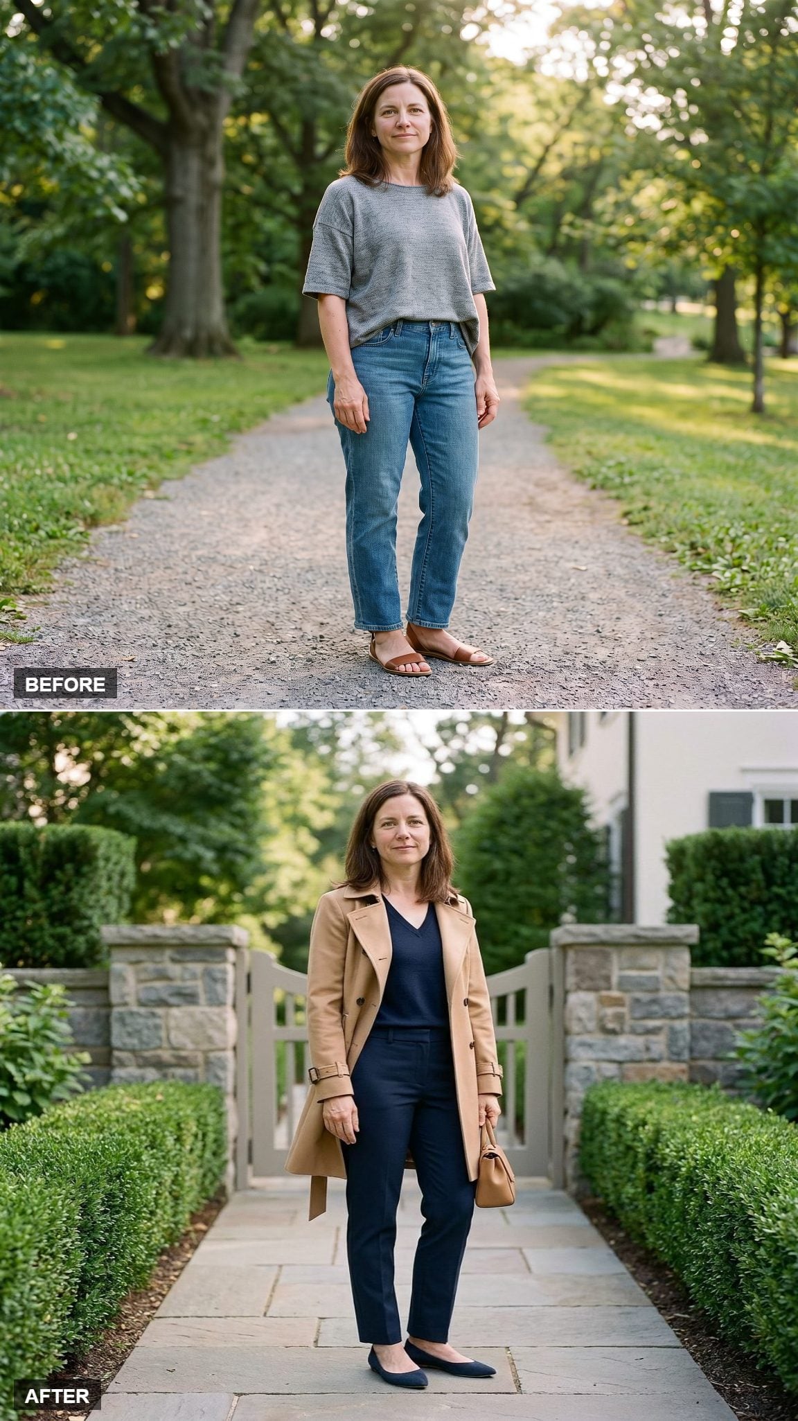 Navy Inner Column With Open Camel Trench and Belt Tied in Back