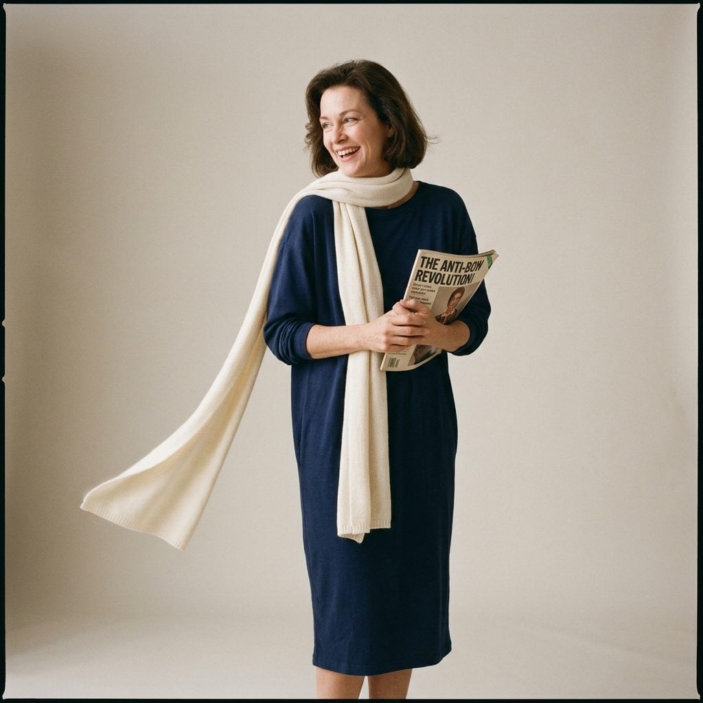 Navy Jersey Dress With a Long Cream Scarf Down the Front