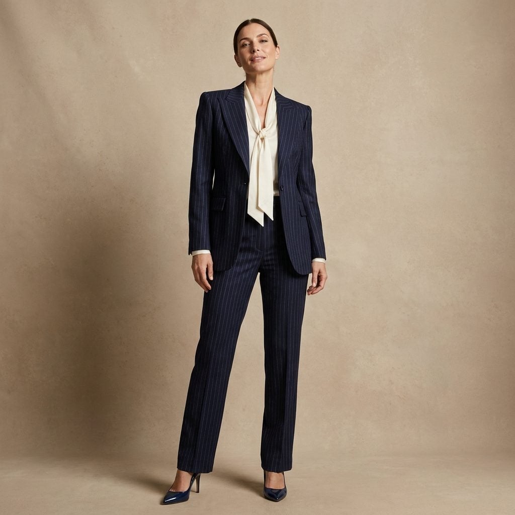 Navy Pinstripe Power Suit With an Ivory Bow Blouse