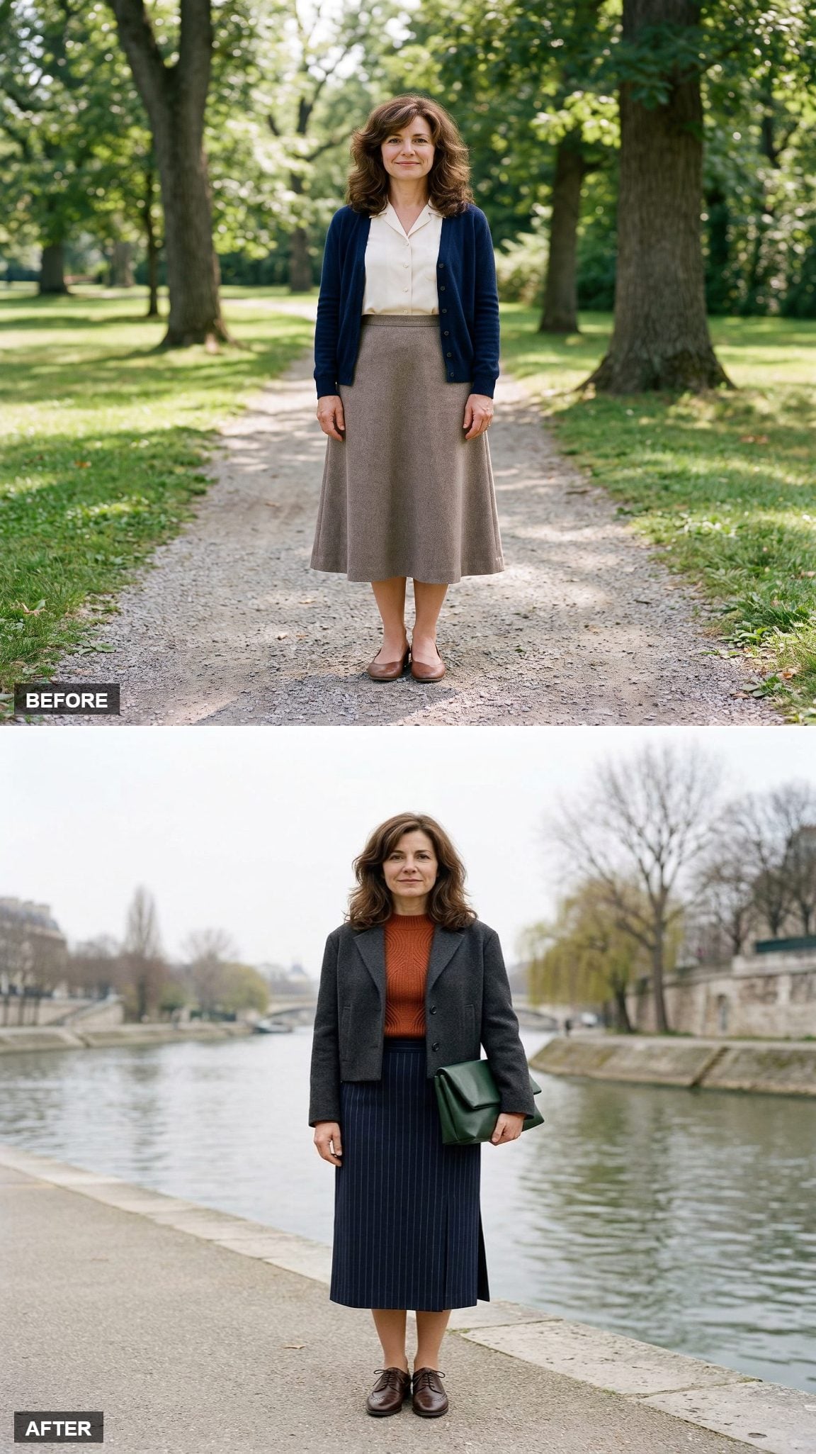 Navy Pinstripe Tailored Midi, Burnt-Orange Sculptural Sweater, and Forest-Green Fold-Over Clutch by the River
