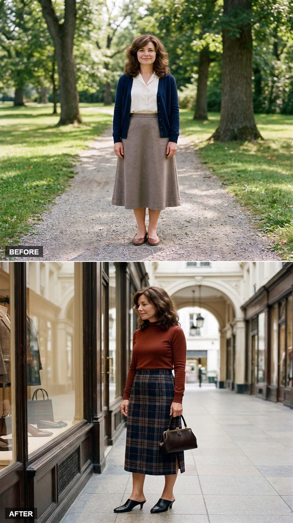 Navy-Rust Plaid Wool Midi with a Mock Neck and Espresso Frame Bag Under a Shopping Arcade
