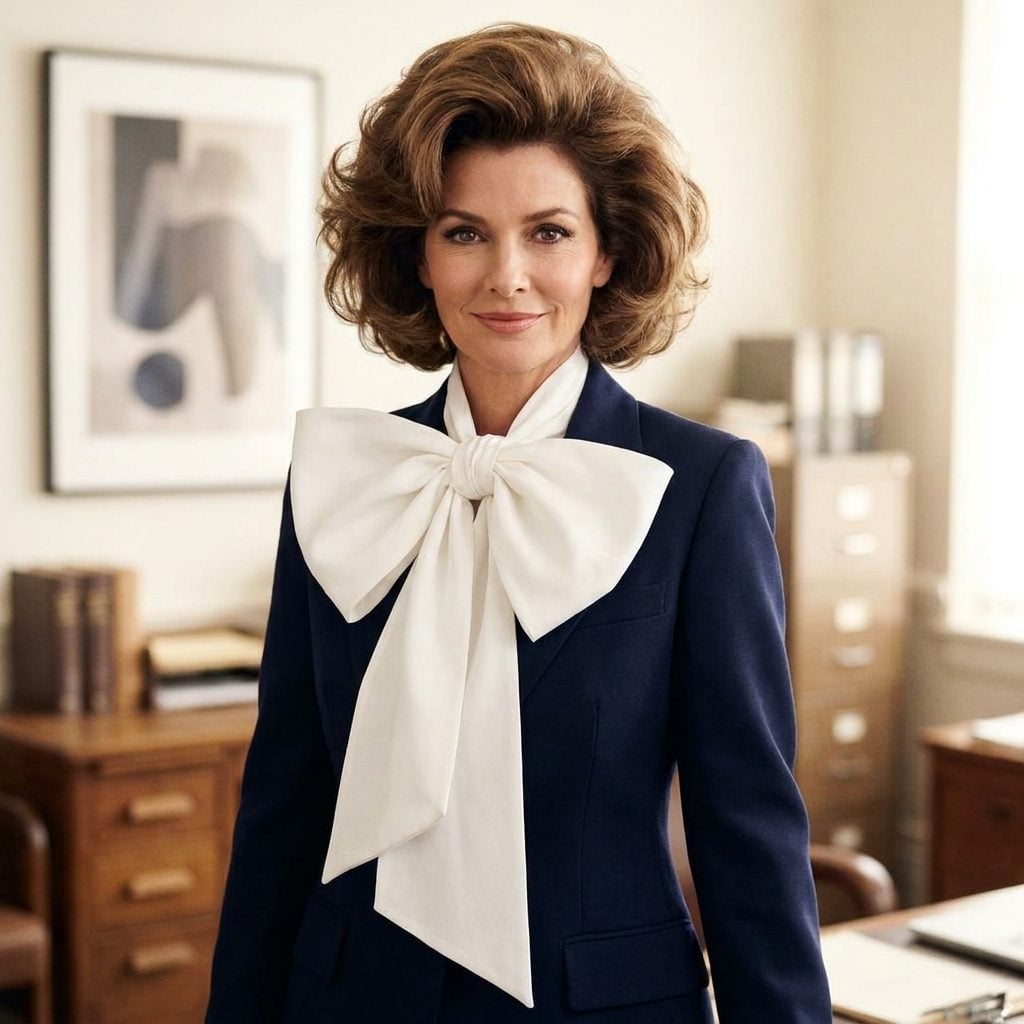 The Navy Suit and That Enormous White Bow Blouse
