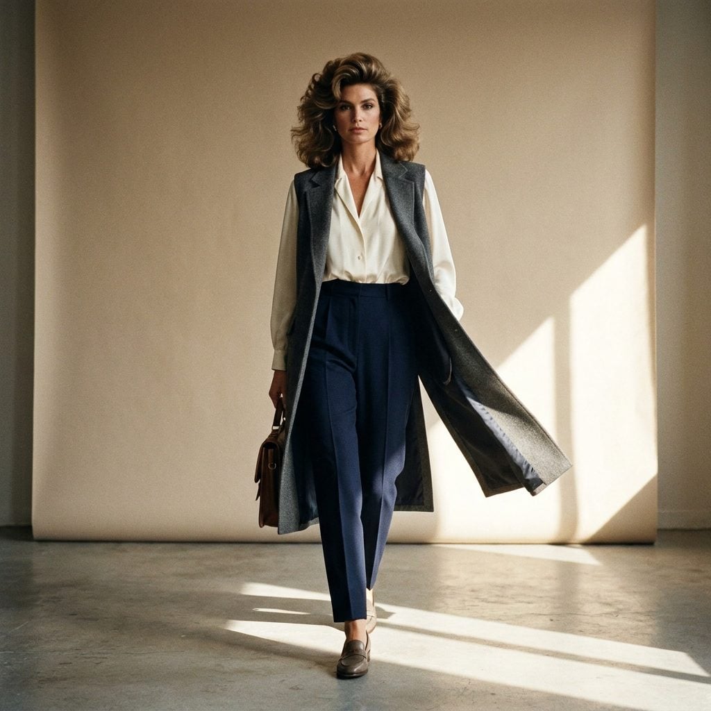 Navy Trousers, Ivory Blouse, and a Long Gray Vest