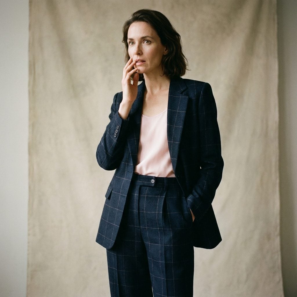 Navy Windowpane Jacket, Navy Trousers, and a Pale Pink Shell