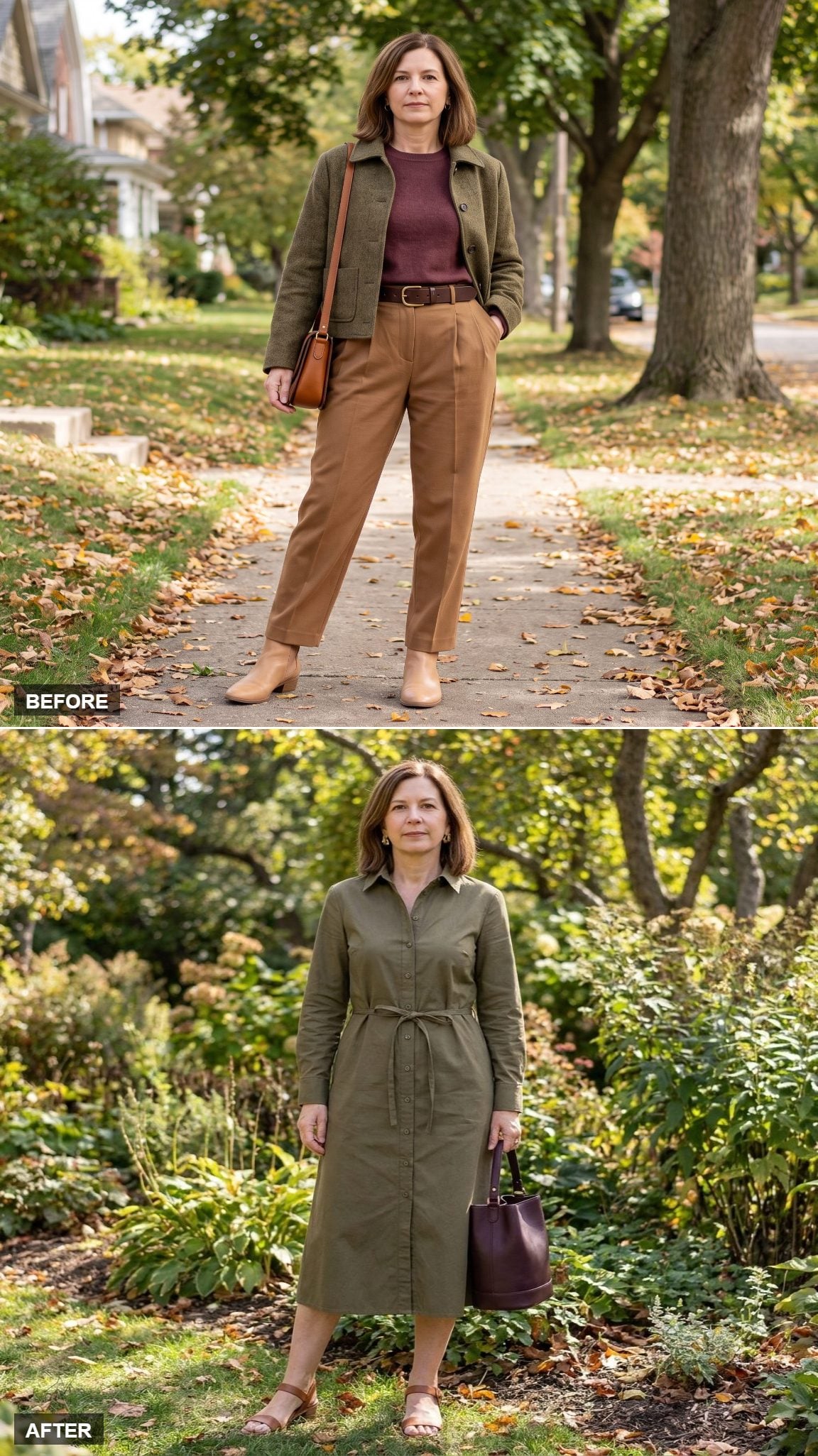 Olive Button-Front Midi Shirt Dress With a Low Self-Tie and Cognac Block-Heel Sandals