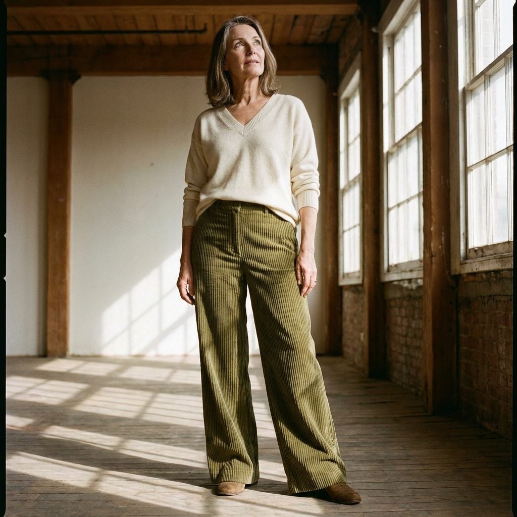 Olive Corduroy Trousers With Cream V-Neck Sweater