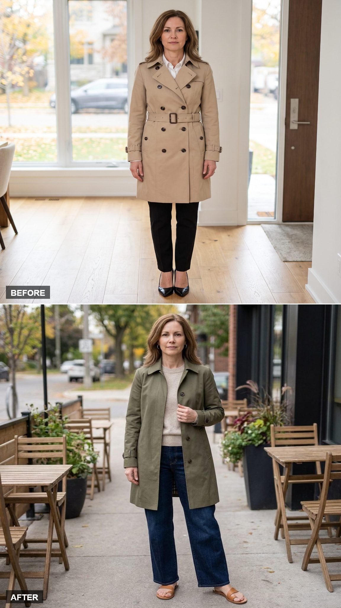 Olive Mid-Thigh Trench Left Open Over Oatmeal Knit and Dark Wide-Leg Denim