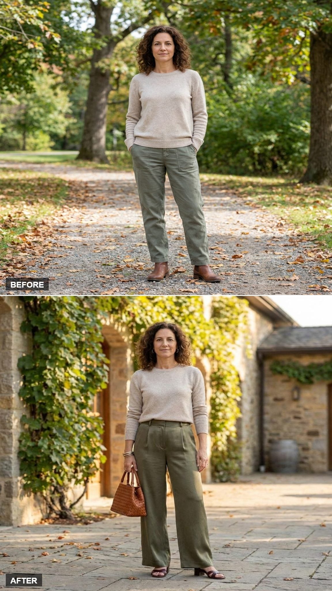 Olive Satin Wide-Legs + Dark-Cherry Block Heels for the Sweater That Earns a Seat at a Wine-Country Table