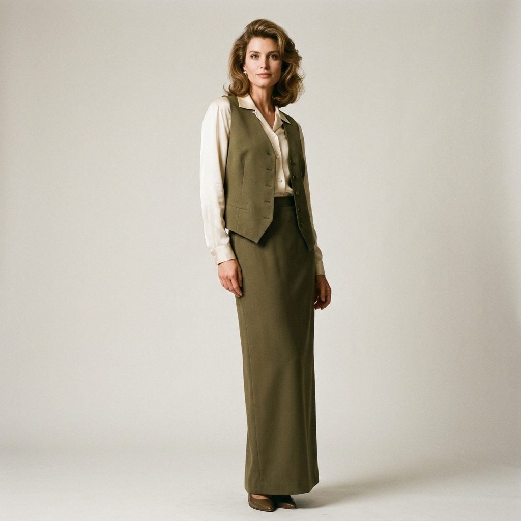 Olive Straight Skirt, Cream Blouse, and a Matching Olive Vest