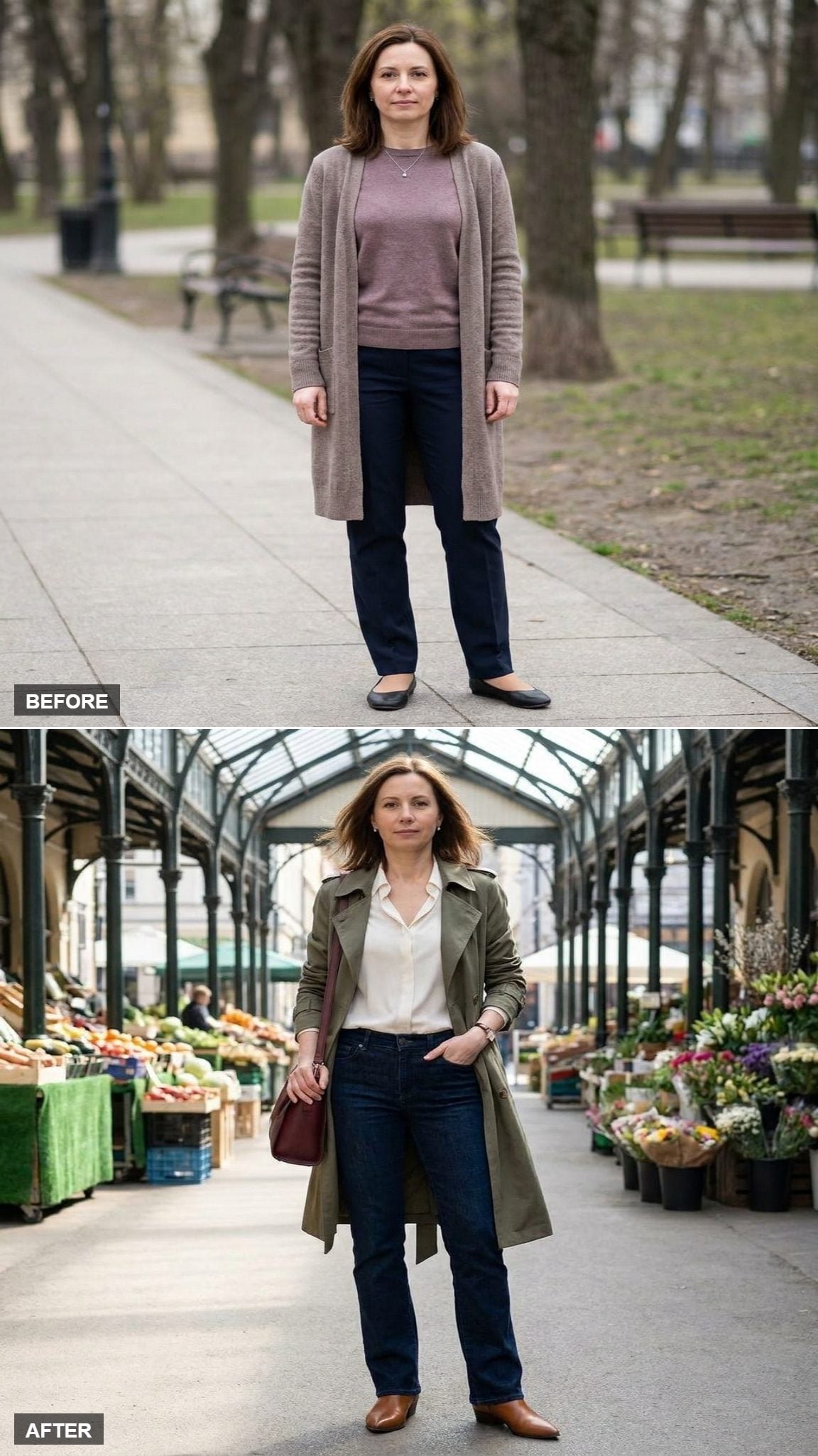 Olive Trench, Dark Bootcut Jeans, and a Cognac Boot That Fixes the Proportions