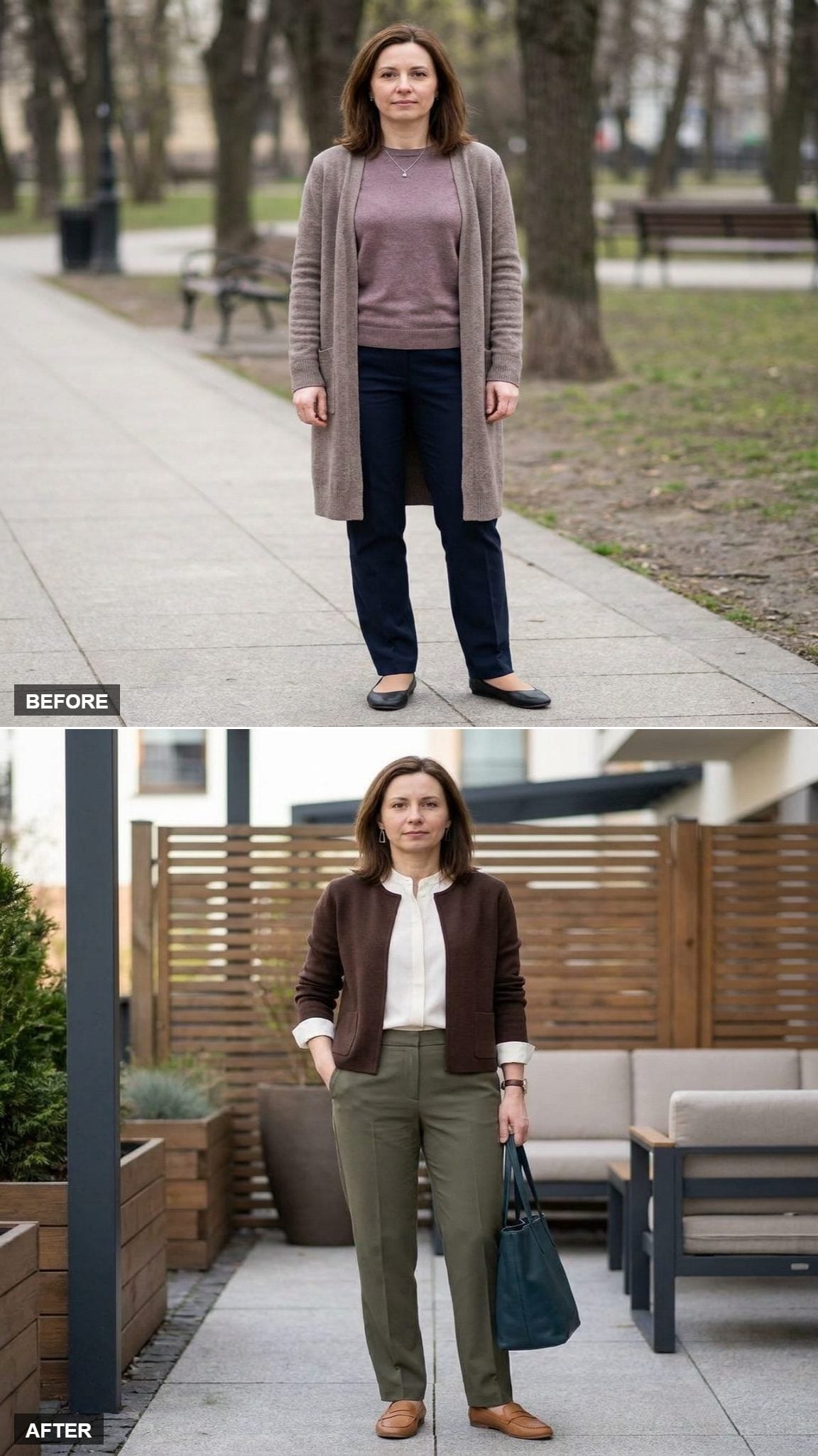 Olive Trousers, Ivory Collarless Shirt, and a Deep-Teal Tote for Low-Key Utility Chic