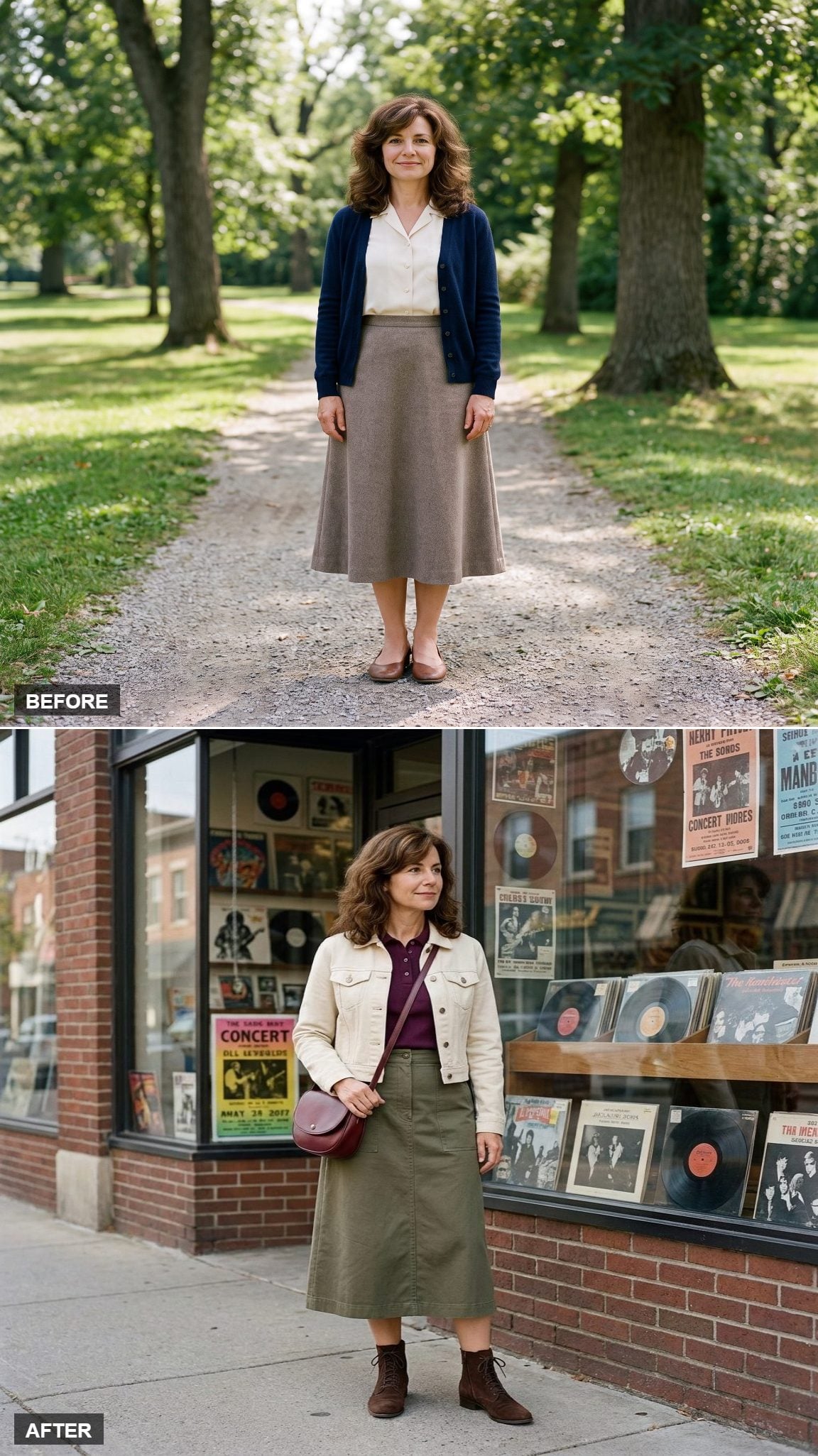 Olive Utility Midi with a Plum Polo, Cream Denim Jacket, and Half-Moon Crossbody Outside a Record Store