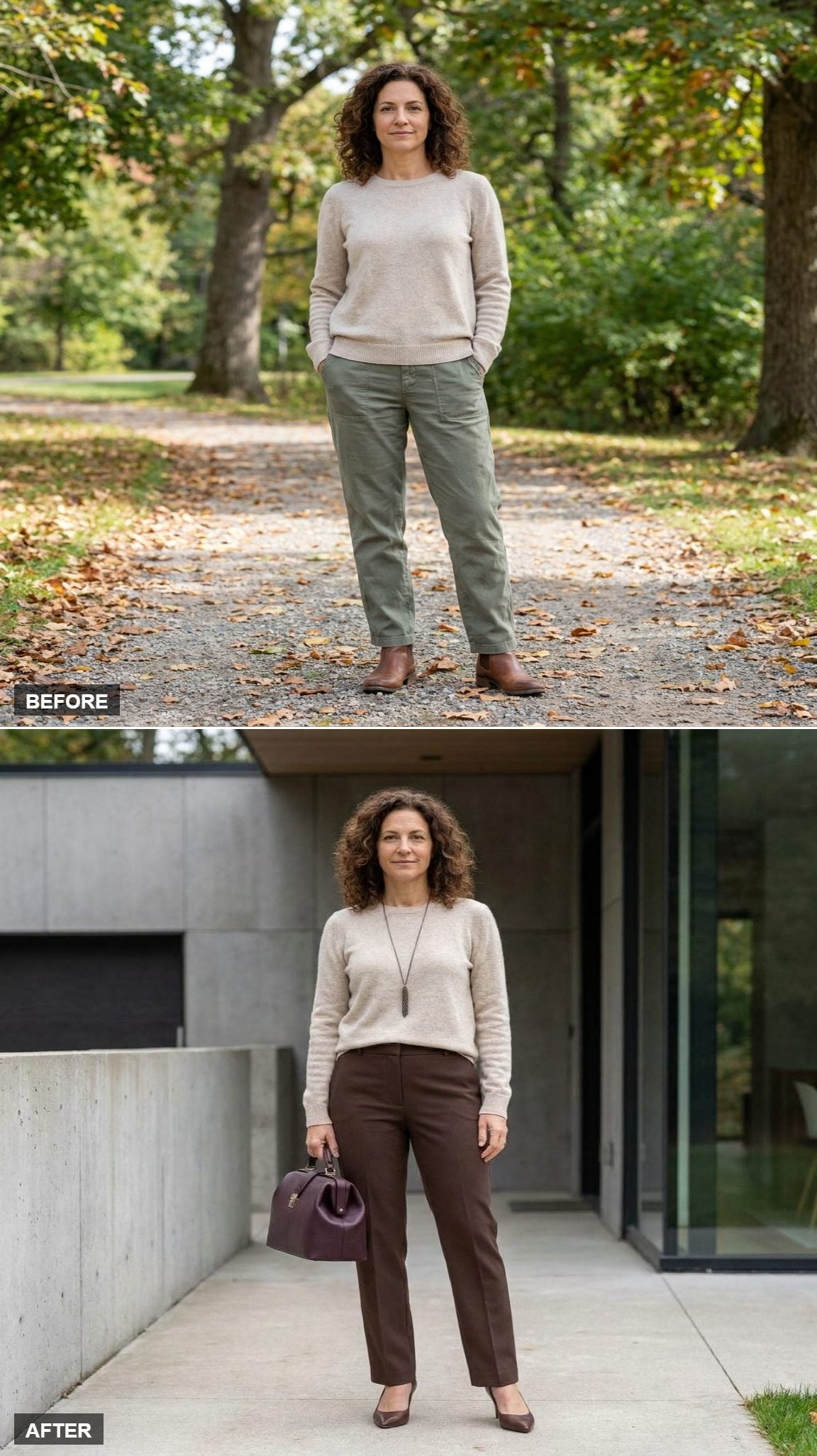 One Long Pendant + Tonal Chocolate Trousers Prove the Crewneck Never Needed Tucking