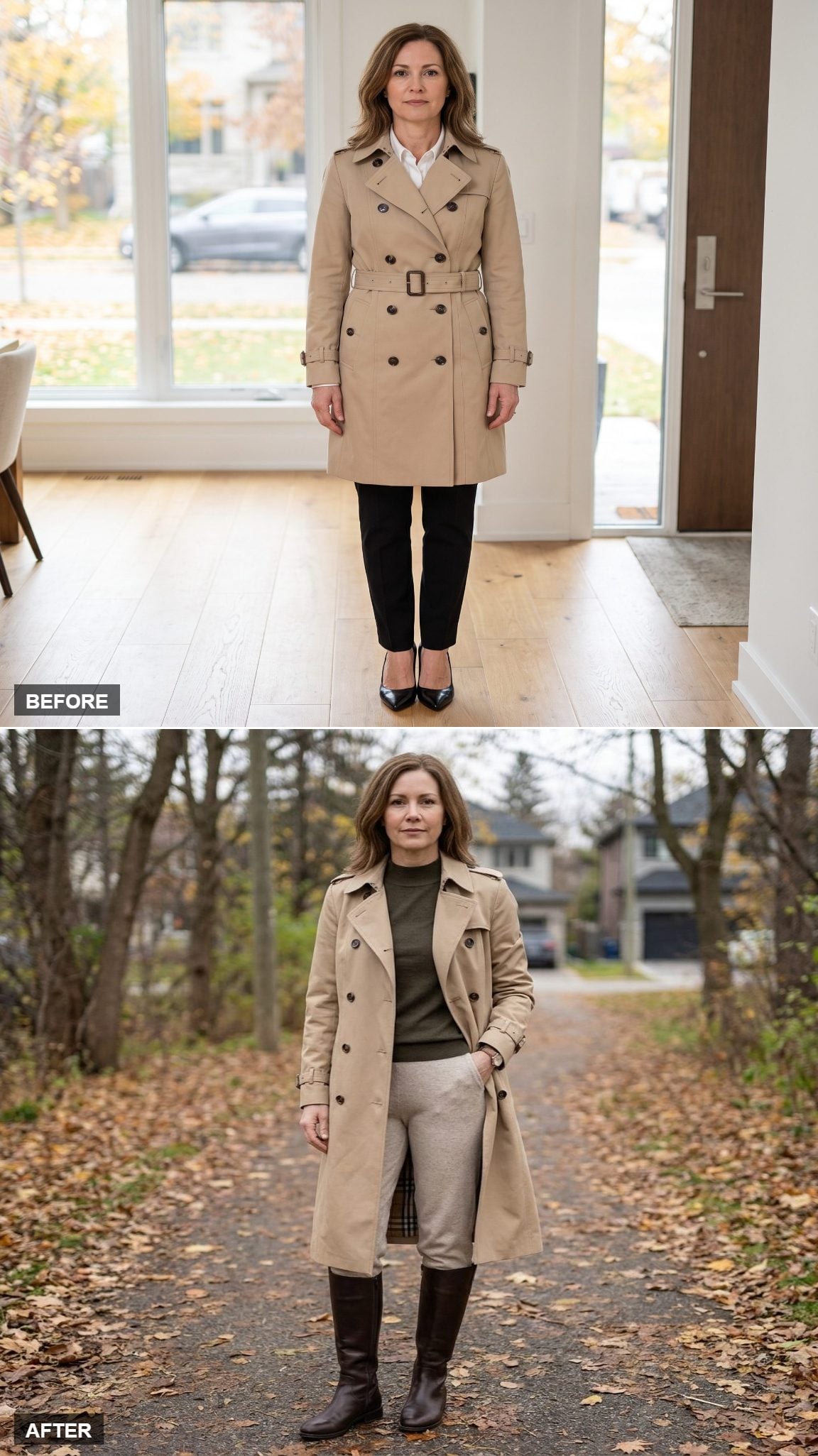 Oversized Khaki Trench + Olive Mock Neck + Oatmeal Knit Trousers + Dark Riding Boots