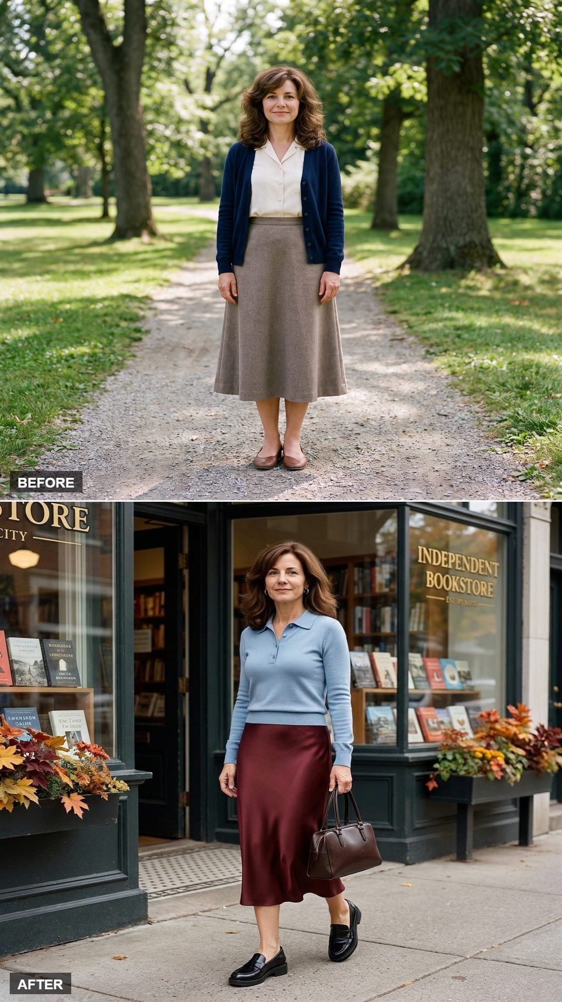 Oxblood Bias Satin Midi Skirt with a Powder Blue Polo Knit and Black Penny Loafers