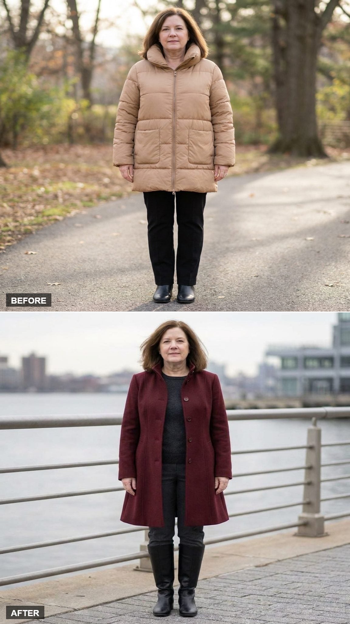Oxblood Fit-and-Flare Wool Coat Over Charcoal Knit and Flat Knee-High Boots at the Waterfront