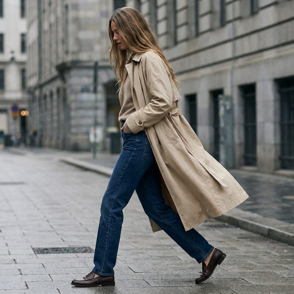 Paired With a Lightweight Trench Coat and Leather Loafers
