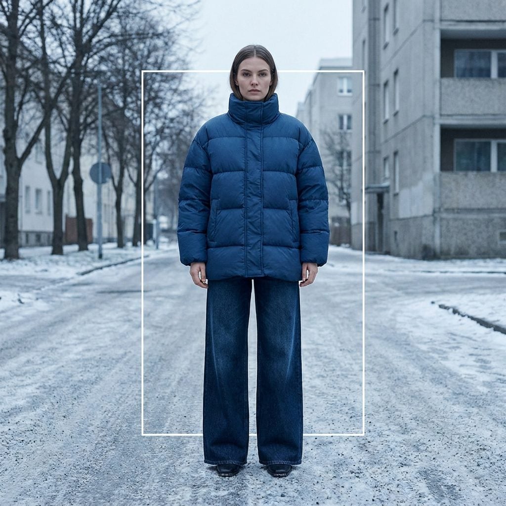 Pairing a Puffy Jacket With Extra-Wide Jeans and Building a Rectangle
