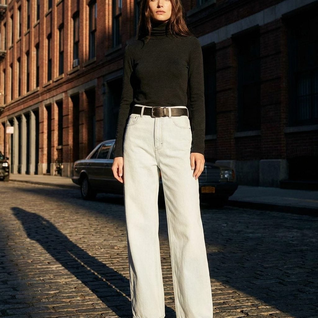 Pairing Very Light Wide-Leg Jeans With a Very Dark Top and Stacking Two Solid Blocks