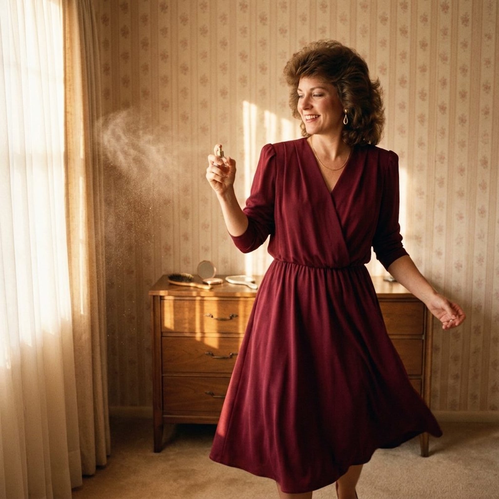 Woman spraying perfume in the air