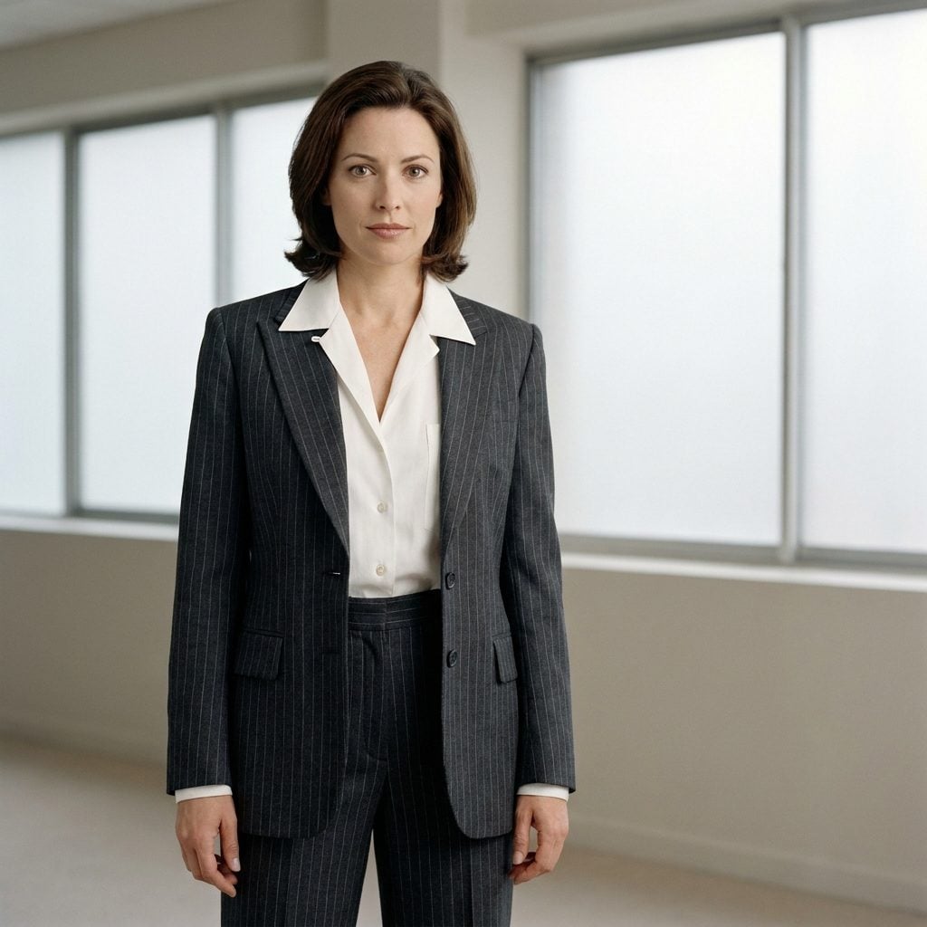 The Pinstripe Pantsuit Softened by a Feminine White Shirt