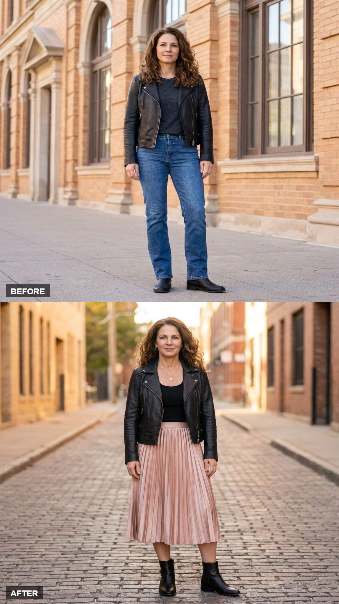 Pleated Midi Skirt Meets the Rebel Jacket