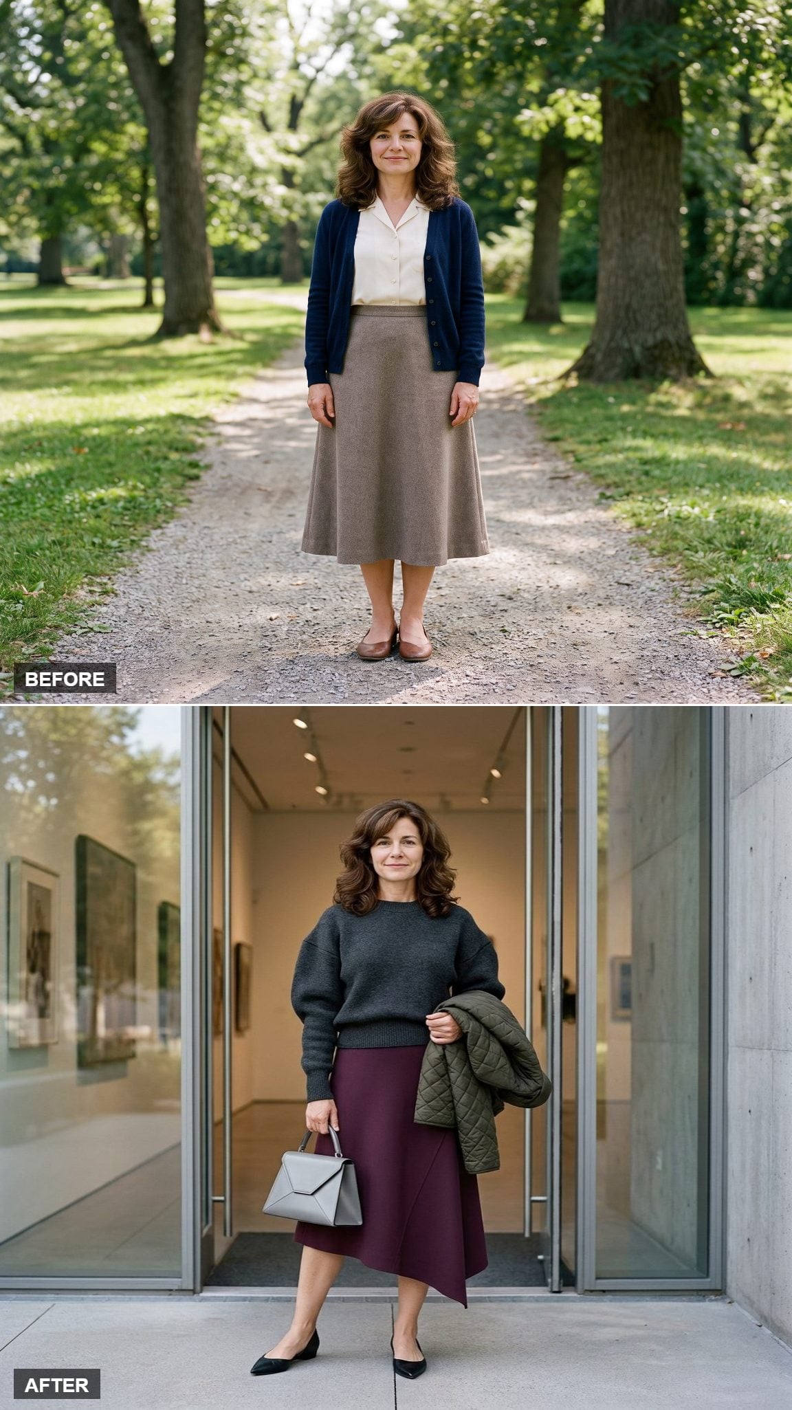Plum Asymmetric Crepe Midi with a Sculptural Charcoal Knit, Black D'Orsay Flats, and a Silver Geometric Bag