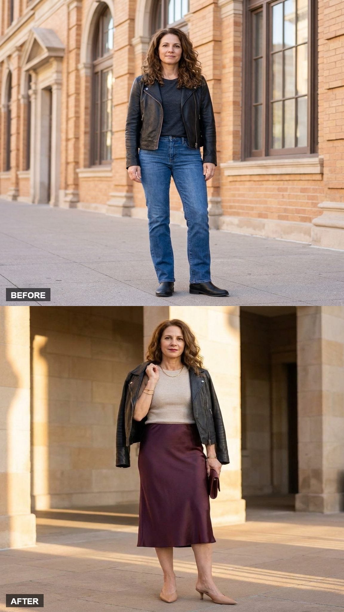 Plum Slip Skirt, Fine Knit, and the Moto Slung for Golden Hour