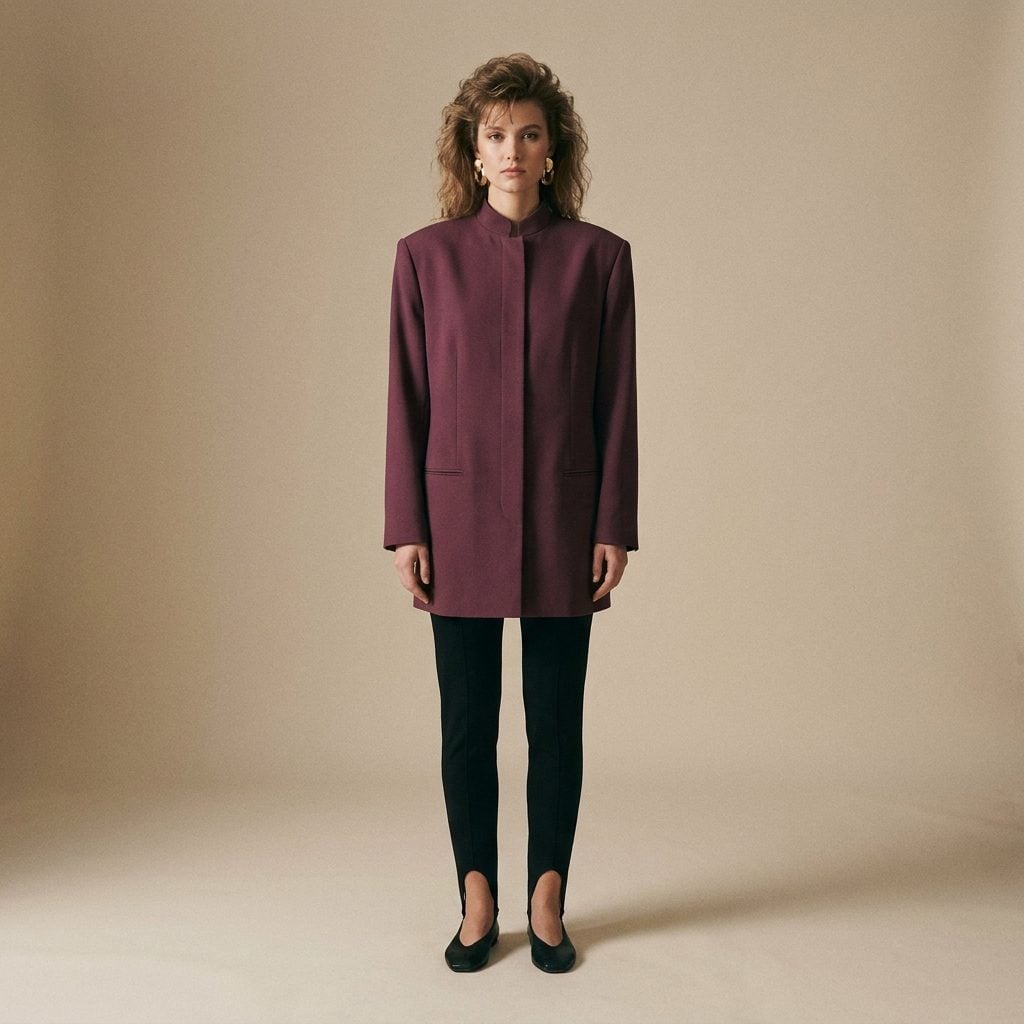 Plum tunic jacket worn over narrow black stirrup pants