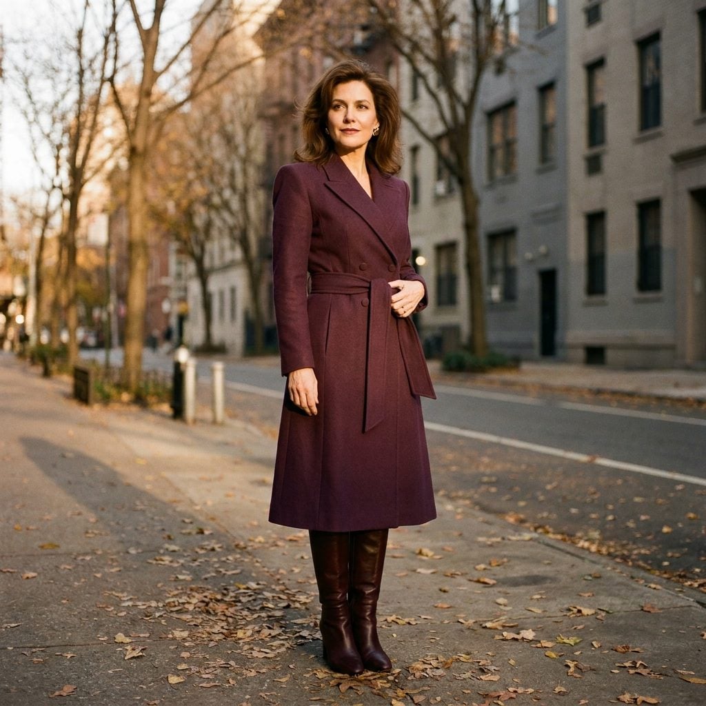Plum Wool Coatdress With a Matching Wide Sash and Tall Boots