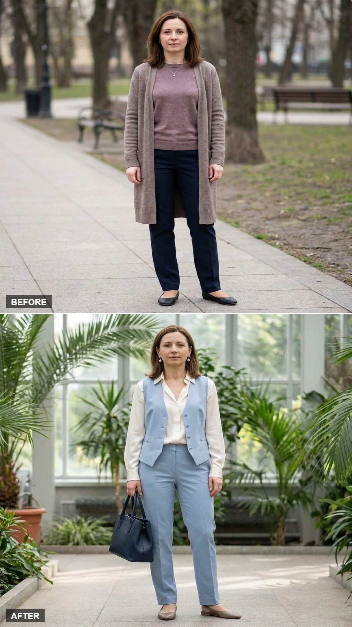 Powder-Blue Tailored Trousers, Ivory Silk Blouse, and Pearl-Drop Earrings Inside a Glass Conservatory