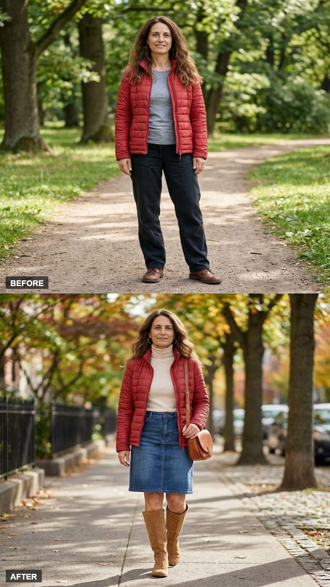 The Quilted Jacket, Denim Skirt, and Knee Boots for Real Movement